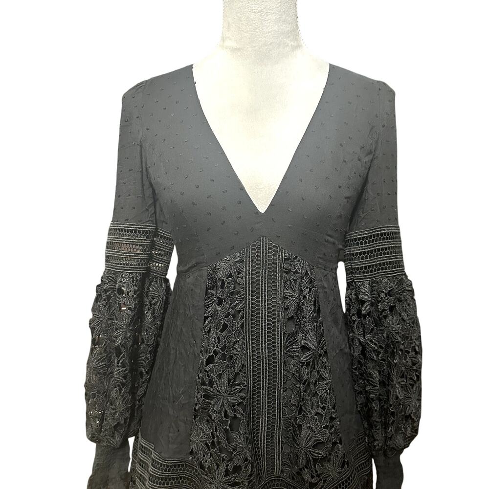 Bardot Mariah Babydoll Dress Long Sleeves Swiss Dot Lace Detailing Black XS NWOT - Picture 3 of 9